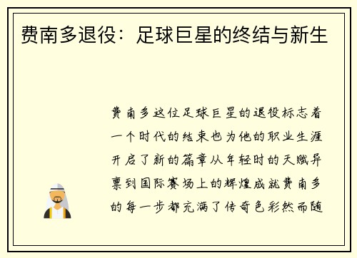 费南多退役：足球巨星的终结与新生