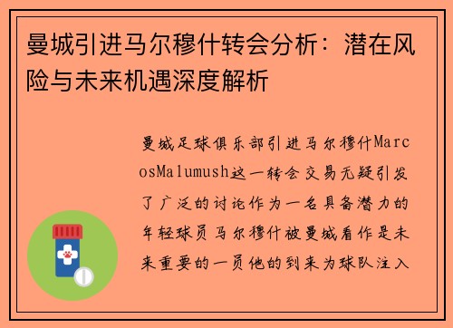 曼城引进马尔穆什转会分析：潜在风险与未来机遇深度解析