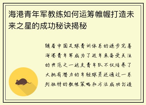 海港青年军教练如何运筹帷幄打造未来之星的成功秘诀揭秘