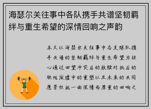 海瑟尔关往事中各队携手共谱坚韧羁绊与重生希望的深情回响之声韵